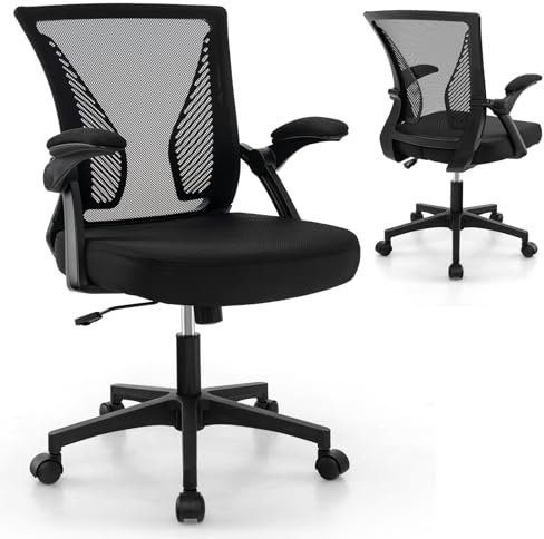 COSTWAY Ergonomischer Bürostuhl mit klappbaren Armlehnen, Schreibtischstuhl mit mittlerer Rückenlehne & Wippfunktion, höhenverstellbarer Drehstuhl, Computerstuhl bis 160 kg belastbar, Schwarz