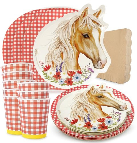 PARTY PARTY 40 Teile Pferde Party Set Rot 8 Gäste, Partyteller in Pferdekopf Form, Partygeschirr Partybecher, karierte Pappteller, Servietten, Geburtstag Pferde Deko, Pferdegeburtstag