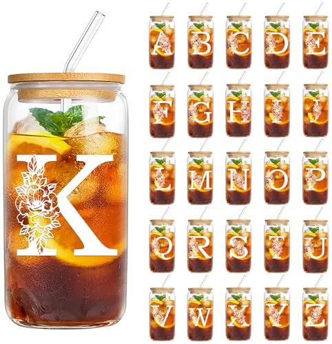 YiYa 550Ml Bicchiere Con Coperchio E Cannuccia Bicchieri con Coperchi in Bambù e Cannuccia in Vetro Tazza di Vetro Iniziale Regali Personalizzati Per Sorelle Maschili Femminili, Zie e Amici (K)
