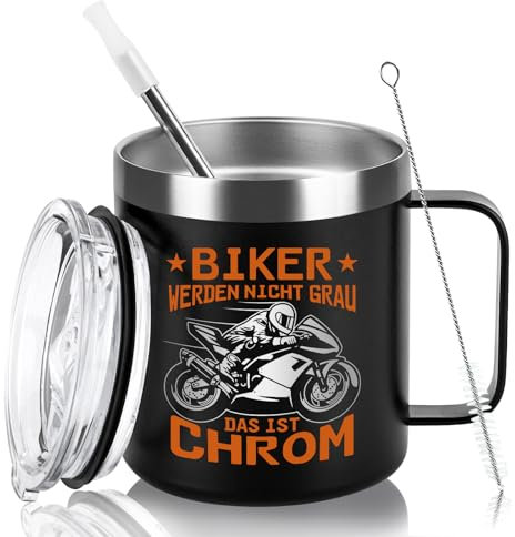 Livole Geschenke für Männer, Papa, Opa, Freund, Motorradfans Weihnachten - Biker Werden Nicht Grau, das Ist Chrom - Motorrad, Biker Geschenke, Coole Geschenk Mann, 12oz 350ml Camping Becher mit Henkel