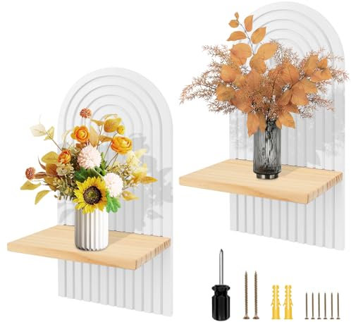 JABNOW Holz Wandregal Weiß Boho Wanddeko 2 Stück Schweberegal Wandregal, Kleine Wand Pflanzregal mit Schraubendreher für Wohnzimmer Schlafzimmer Badezimmer
