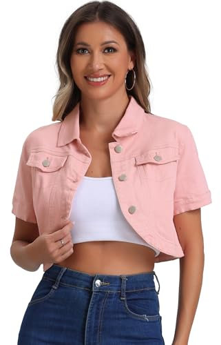 Allegra K Veste en Jean décontractée pour femmes, col rabattu, manches courtes, vestes en Jean courtesRose M