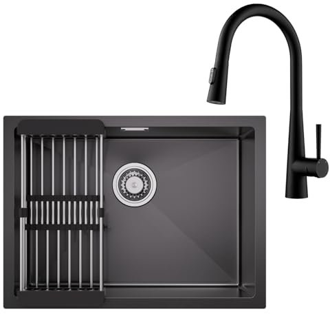 CECIPA Spülbecken Schwarz Anthrazit 60 x 44cm mit Wasserhahn Küche Ausziehbar, Küchenspüle mit Siebkorb Ausziehbar, Einbauspüle Spüle Schwarz Edelstahl ohne Hahnloch inkl. Siphon und Abflusssieb