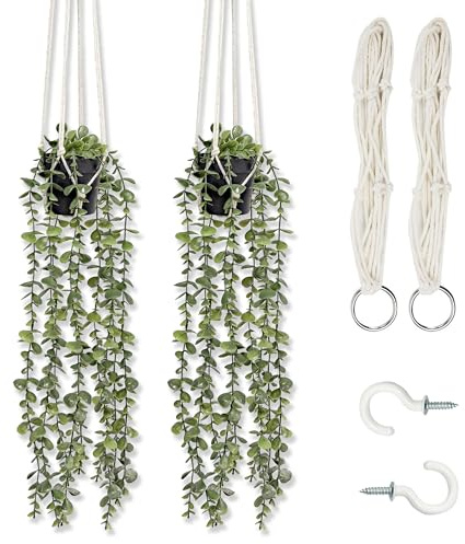 HanYun 2er Set Makramee Blumenampel mit Künstlicher Hängepflanze Boho Deko | 75cm Hängeampel mit künstlicher Pflanze, Blumentopfhalter für Innen Balkon Garten Fenster Wohnzimmer, Geschenk pflanzenampel