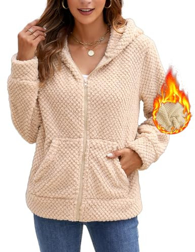 Yeenily Pile Felpe con Cappuccio Donna Invernale Maglione Pullover Hoodie Manica Lunga Cerniera Fleece Giacca Autunno Caldo Sweatshirt Cappotto con Tasca (Albicocca, XXL)