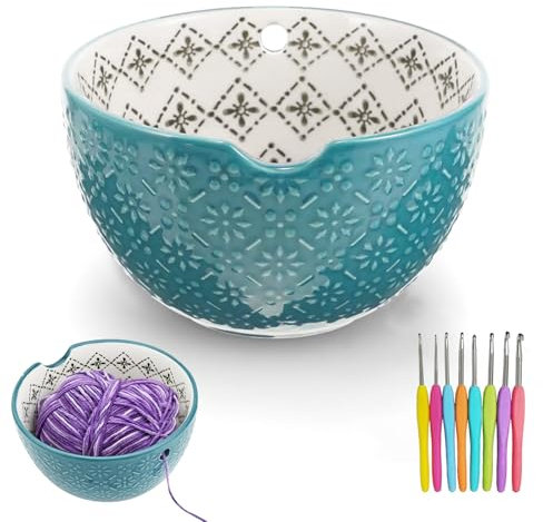 Chingcoo Yarn Bowl, Ceramic Yarn Bowl, Simple Pattern with 8 Crochet Hooks, Elegant Portable Ceramic Wool Storage Bowls, for Knitting, Knitting Accessories, DIY Handmade Gifts (Blue)