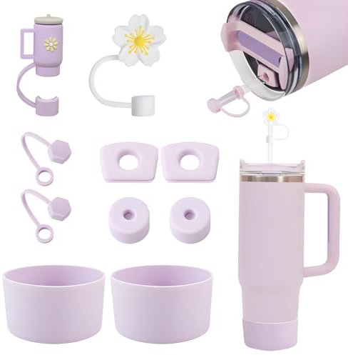Stanley Cup Set d'accessoires - 6 bouchons en silicone anti-fuites, 2 housses de paille, 1 manchon tumbler en silicone 800 ml-1100 ml (violet)