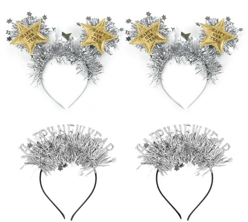 4 Pièces Bandeau de Nouvel an 2025, Serre-Tête Happy New Year 2025, Bandeau Cheveux Or Argenté Paillette Etoiles, Décoration Cotillons Nouvel An 2025 pour Enfants Adultes Accessoires Photobooth