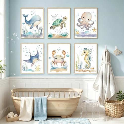 3 Bilder Aquarell Meerestiere Poster Kinderzimmer Jungen 21x30cm Ozean Tiere Bilder Babyzimmer Junge Blau Poster Meerestiere Baby Junge Wandbilder Blau Grün Leinwand Kinder Geschenk ohne Rahmen