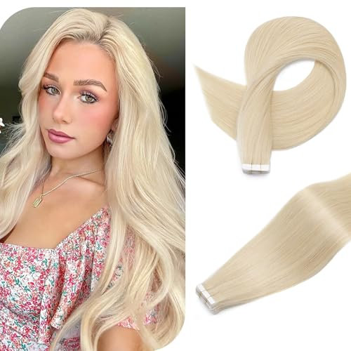 S-noilite Tape Extensions Echthaar 20pcs Extensions Echthaar Platinblond Tape In Extensions Echthaar Invisible Haarverlängerung Tape 45cm 50g Glatt