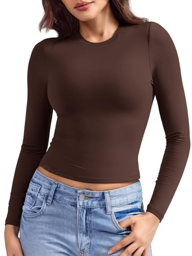 ZAAYO Basic Langarmshirt Damen Sport Oberteile Compression Long Sleeve Shirt Crop Top Double Lined Y2K Langarm Top Atmungsaktives Sport Tops Coffee S