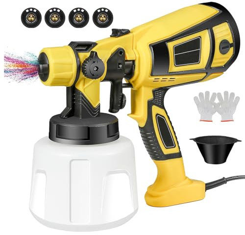 Pistolet à Peinture, 800W HVLP Pistolet Peinture Electrique avec Réservoir 1400ML, 4 Buses en Laiton, 3 Motifs, pour Intérieur et Extérieur de Maison, Armoires, Clôtures, Plafonds