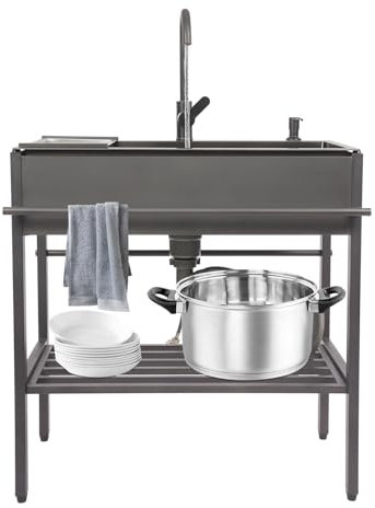 Freistehende Edelstahl Spültisch Spülbecken Spüle mit Armaturen Abfluss Handtuchstange und Untere Ablage Küchenorganisation Spüle für Hotels, Bars, Restaurants, Küchen 80x45x86cm