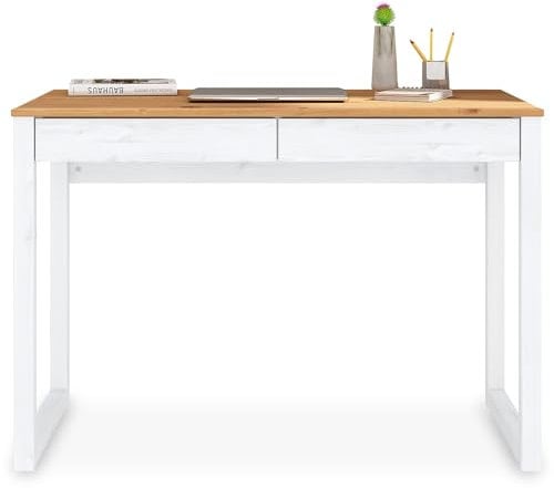 IDIMEX Escritorio NOAH con 2 cajones de madera maciza de roble y blanco. Escritorio resistente para ordenador, mueble de estudio, mesa de trabajo con espacio de almacenamiento, muebles de oficina