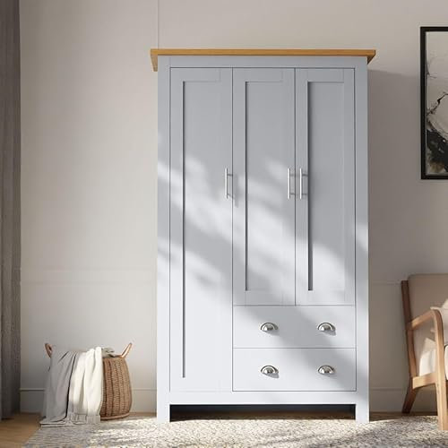 Blisswood 3 Door 2 Drawer Wardrobe With Hanging Rail, Wooden Wardrobe With Drawer Bedroom Storage Furniture Cupboard Unit (Grey)