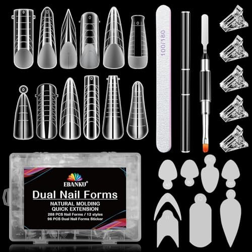 EBANKU 288PCS Clear Dual Nail Forms System Full Cover Nail Mold Tips Acrylic Nail Extension with 96PCS Nail Forms Stickers Clips Gel Brush Pe File for Nail Art Salon Design(12 Styles)