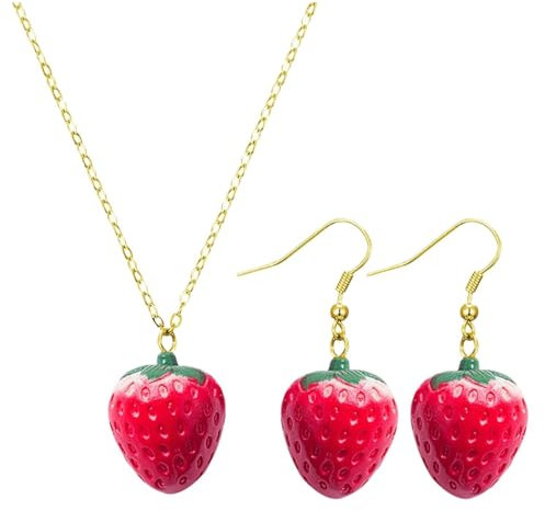 OAOSDH 1 Paire De Boucles d'oreilles Aux Fraises Et 1 Collier De Fraises, Bijoux Créatifs, Bijoux Mignons, Bijoux pour Femmes.