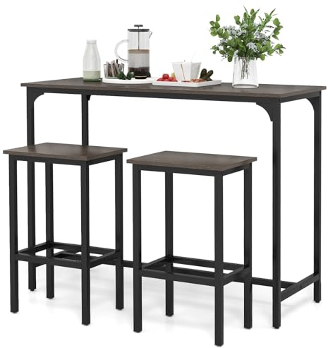 GiantexUK 3PCS Bar Table Set, Metal Frame Breakfast Bar Set with Spacious Tabletop, H-Shaped Structure & Footrests, Industrial Counter Height Table and Stools for Dining Living Room (Gray+Black) | with Spacious Tabletop, H-Shaped Structure & Footrests, Industrial Counter Height Table and Stools for Dining Living Room