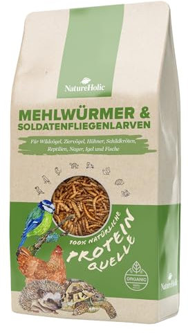Mehlwürmer & Soldatenfliegenlarven getrocknet | Proteinreiches Futter Vögel, Entenfutter, Nager, Igel, Eichhörnchen, Vogelfutter, Wildvögel Huhn, Reptil | Natürliches Insektensnack (920g)
