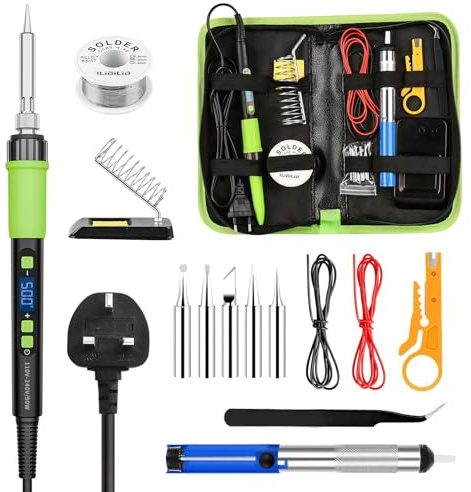YEEHONEC Soldering Iron Kit, 90W Sleep Mode Auto-Off Soldering Iron with LCD Display, 15 in 1 Electric Soldering Kit with 5 Tips, Desoldering Pump, Wire Stripper, Stand & Tweezers