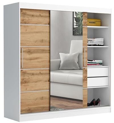 Brent - Kleiderschrank mit Spiegel und Schubladen 200cm Breit Chelsea Tomy, Schwebetürenschrank mit Spiegel, Schlafzimmerschrank, Kleiderschrank Weiß/Wotan Eiche