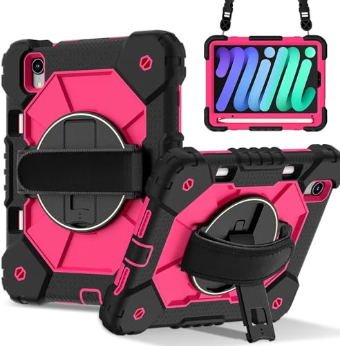 Étuis pour tablette PC Compatible with iPad Mini 7 (A17 Pro) 2024 Case Shockproof Heavy Duty Hybrid Cover Rotatable Stand,Detachable Strap & Built-in Pencil Holder,Anti-Scratch Silicone PC Armor(Rose