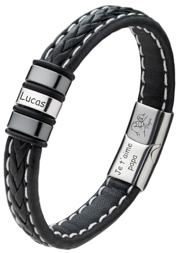 Easycosy Bracelet Homme Personnalisé- Cadeau Fete des Peres pour Papa Bracelet en Cuir avec Prénom ou Texte Gravé- Cadeau Unique pour Homme, Papa Papy Copain Mari Anniversaire Noël Fête des Pères