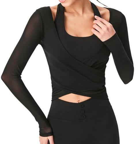 Y2k Ballet Wrap Yoga Top Manga Larga Cuello en V Profundo Corte Slim Fit Pilates Ballet Entrenamiento Tops Sexy Opaco Suave Vendaje Camisa Monocolor Blusa Envolvente Ropa de Danza Ropa de Baile