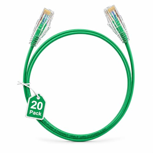 Elfcam - Set di 20 cavi Ethernet Cat 6A verdi, ultra sottili 10Gbps 28AWG UTP OD3,6mm 500MHz, cavi in rame puro Cat6a sottili 10Gb per centri dati, 1 m