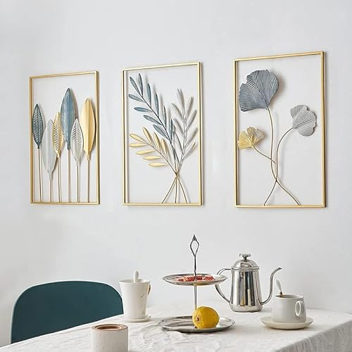 Zinueen 3 Stück Blatt Wanddekoration aus Metall, Gold Metall Wandkunst | Minimalistische Metall Wanddeko, Home Wandkunst Dekorative Gemälde, für Zuhause Wohnzimmer Schlafzimmer Flur