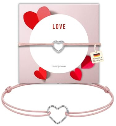 happymaker Armband mit 925 Sterling Silber Kleeblatt oder Herz, Geschenkverpackung mit liebevoller Karte, handgefertigt in Deutschland, Stoffarmband größenverstellbar