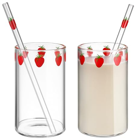 Didiseaon Erdbeerglasbecher Mit Strohhalm 2Er Set Transparente Trinkgläser Für Wasser Saft Milch Und Tee Kompakte Gläser Für Zuhause Küche Und Alltag