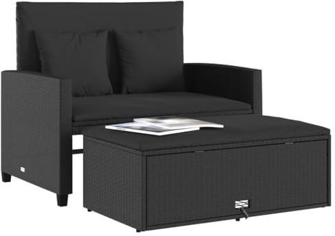 CIOURSTO Gartensofa mit Kissen 2-Sitzer, Outdoor Sofa mit Hocker mit Staufach, Couch mit abnehmbarm Bezug, Gartebmöbel Gartengarnitur (Schwarz)