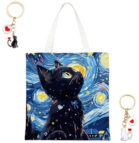 JYJLLM Sac en tissu motif chat nuit étoilée imprimé sac à provisions réutilisable avec porte-clés en forme de cœur de chat