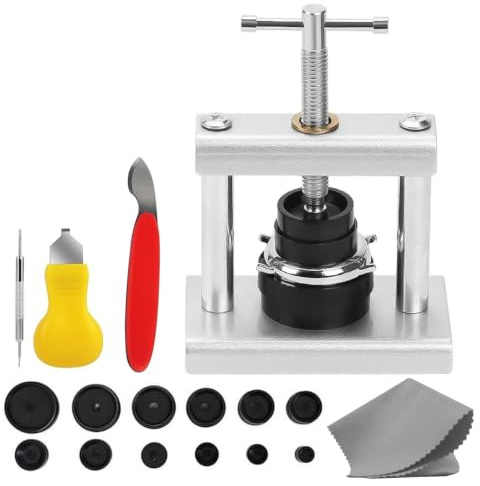 FDKene Prensa Tapa Reloj, Herramienta de Reparación de Relojes con 12 Moldes, Cerrador de Caja para Abrir y Cerrar Relojes, Kit Relojero para Cambiar Pilas, Solo para Relojes Redondos