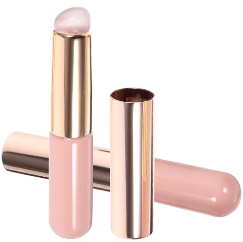 Outanaya 2 Pennelli per Labbra in Silicone Rosa, Applicatore Correttore Versatile Punta Rotonda in Metallo e Manico in Legno, per Applicazione Labbra Uniforme e Portatile
