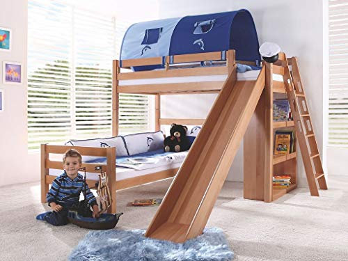 Froschkönig24 Etagenbett Sky Kinderbett mit Rutsche Spielbett Bett Natur Stoffset Blau/Delfin