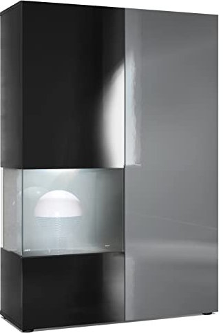 Vladon Vitrine Kommode Hochschrank Morena, Made in Germany, Korpus in Schwarz matt/Rechte Tür und der Einsatz in Grau Hochglanz, inkl. LED Beleuchtung