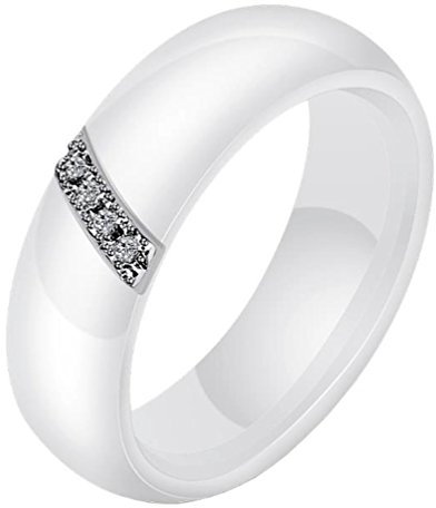 HIJONES Damen 6MM Weiß & Schwarz Keramik Ring Einfach mit Zirkonia Engagement Hochzeit Band Single Weiß Größe 62