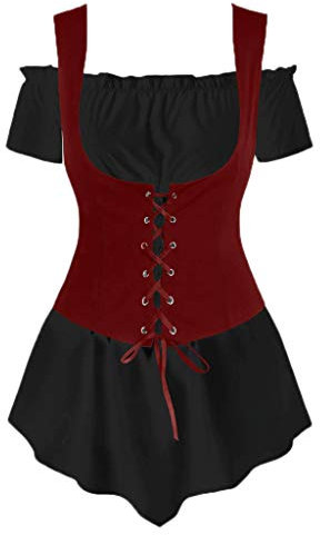 Lazzboy Frauen Kalt Retro Schulter Kurzarm Shirt Lace Up Tops Bluse Weste Set Damen Bügel Sexy Breiter Gürtel Korsett Taille Elastischen Breiten Band Gebunden Waspie Hüftgurt(Schwarz,M)