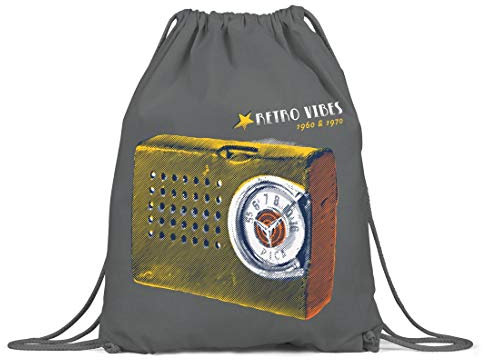 BLAK TEE Vintage Retro Radio Organic Cotton Drawstring Gym Bag Grey
