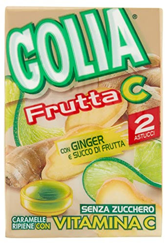 Golia Frutta C Ginger Lime, Caramelle Dure Ripiene con Ginger e Succo di Frutta, con Vitamina C, Gusto Lime Zenzero, Senza Zucchero, Confenzione da 2 Astucci da 46g