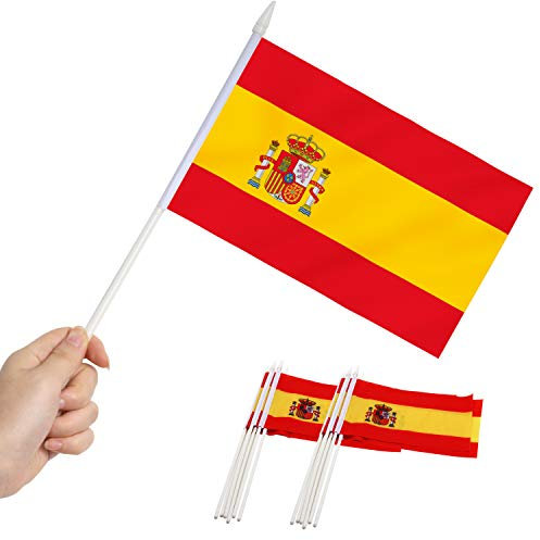 Anley Spain Mini Flag 12 Pack - Petits Drapeaux espagnols Miniatures portatifs sur bâton - Couleurs Vives et résistantes à la décoloration - 5 x 8 Pouces avec Poteau Solide et Haut en Lance