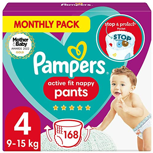 Pampers Baby Nappy Pants Size 4 (9-15kg), Active Fit, 168 Nappies, MONTHLY SAVINGS PACK, Pampers’ Trusted Fit and Comfort For Your Wild Child