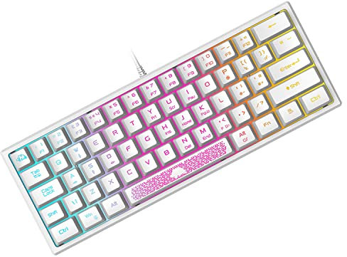 60% Teclado para Juegos con Teclas de Membrana Profesional, Mini Compacto 62 Teclas, USB Cable Teclado Gaming, RGB Chroma Rainbow Retroiluminado, QWERTY Layout, Ultraligero, para PC Mac Laotop-Blanco
