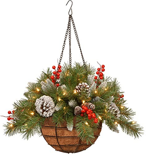BSTCAR Hanging Flower Pots with Mixed Decorations, Red Berries, Pine Cones and White LED Lights, Creative Artificial Outdoor Hanging Basket for Christmas Decorations