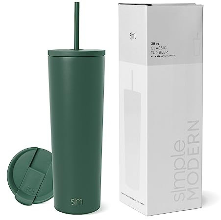 Simple Modern Thermobecher mit Strohhalm und Deckel | Trinkbecher mit Henkel Wiederverwendbare Edelstahl | Geschenke für Frauen und Männer | Classic | 830ml | Forest