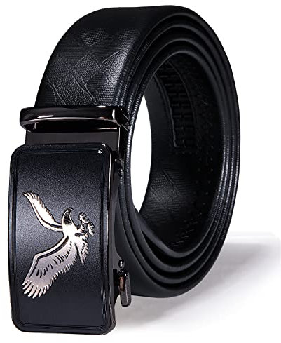 Barry.Wang Luxuriöser Herrengürtel mit goldfarbener Schnalle, Ratsche, Tier, schwarzes Leder, Geschenk-Box, Westerngürtel für Kleid, Jeans, Adlermuster, Length 130cm-51,adjustable