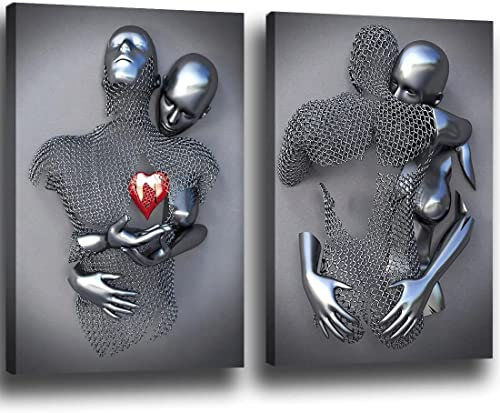 chongjian Liebe Herz 3D Grau Leinwand Wandkunst Moderne Gemälde 3d Abstrakt Umarmung Wanddekoration Schwarz und Weiß Metallfigur Skulptur Effekt Bild Wohnzimmer Dekoration Ohne Rahmen (Rot, 16x24in)
