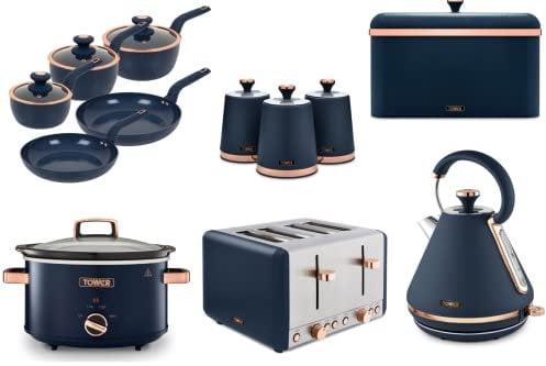 Tower Cavaletto Midnight Blue & Rose Gold Pyramid Kettle, 4 Slice Toaster, 3.5L Slow Cooker, Bread Bin, Set of 3 Canisters & 5 Piece Cookware Set. Contemporary Matching Kitchen Set